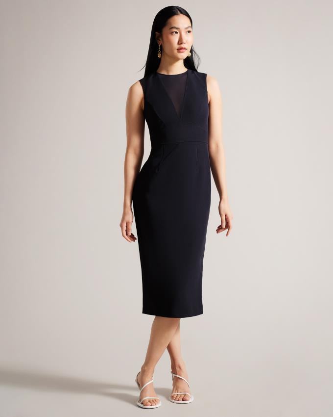 Peignoir Ted Baker Midi Bodycon With Sheer V-Neck Bleu Marine Femme | HVX-06471808